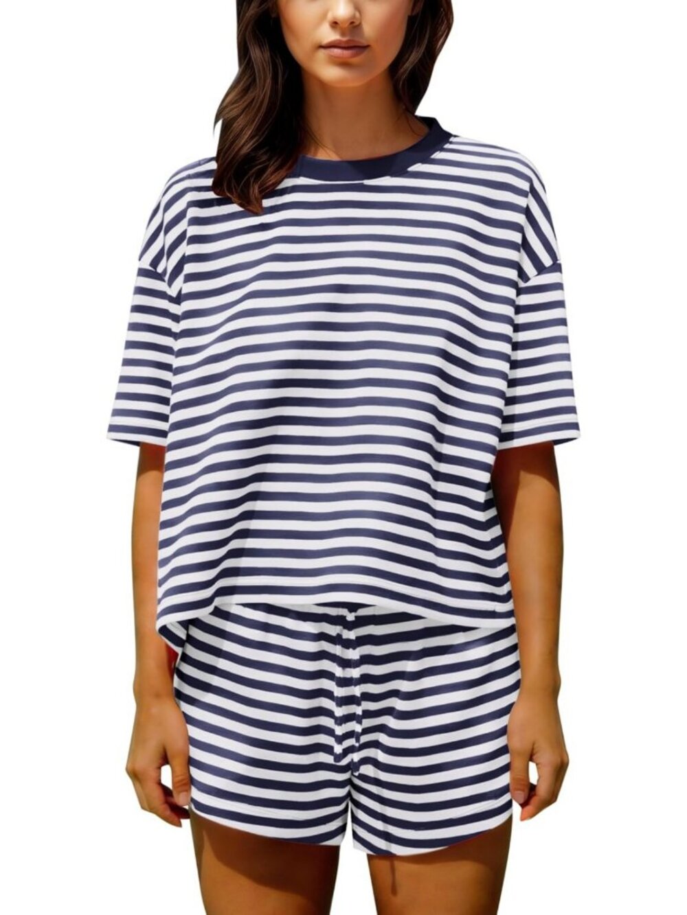 Cozy Women's Striped Lounge Set | Short Sleeve Tee & Drawstring Shorts PJs
